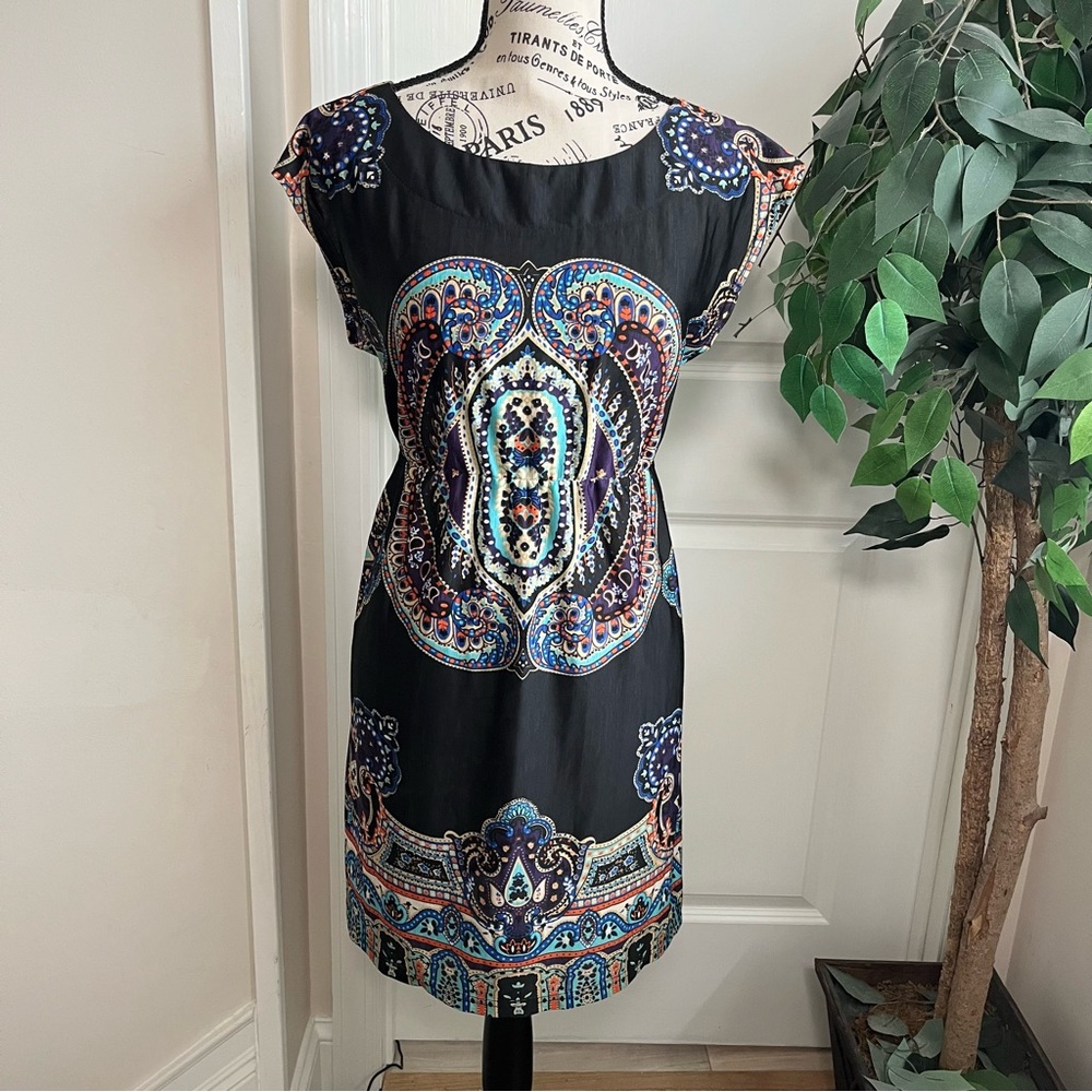 Oxford Circus Paisley Medallion Print Boho Shift Mini Dress Black Sz M